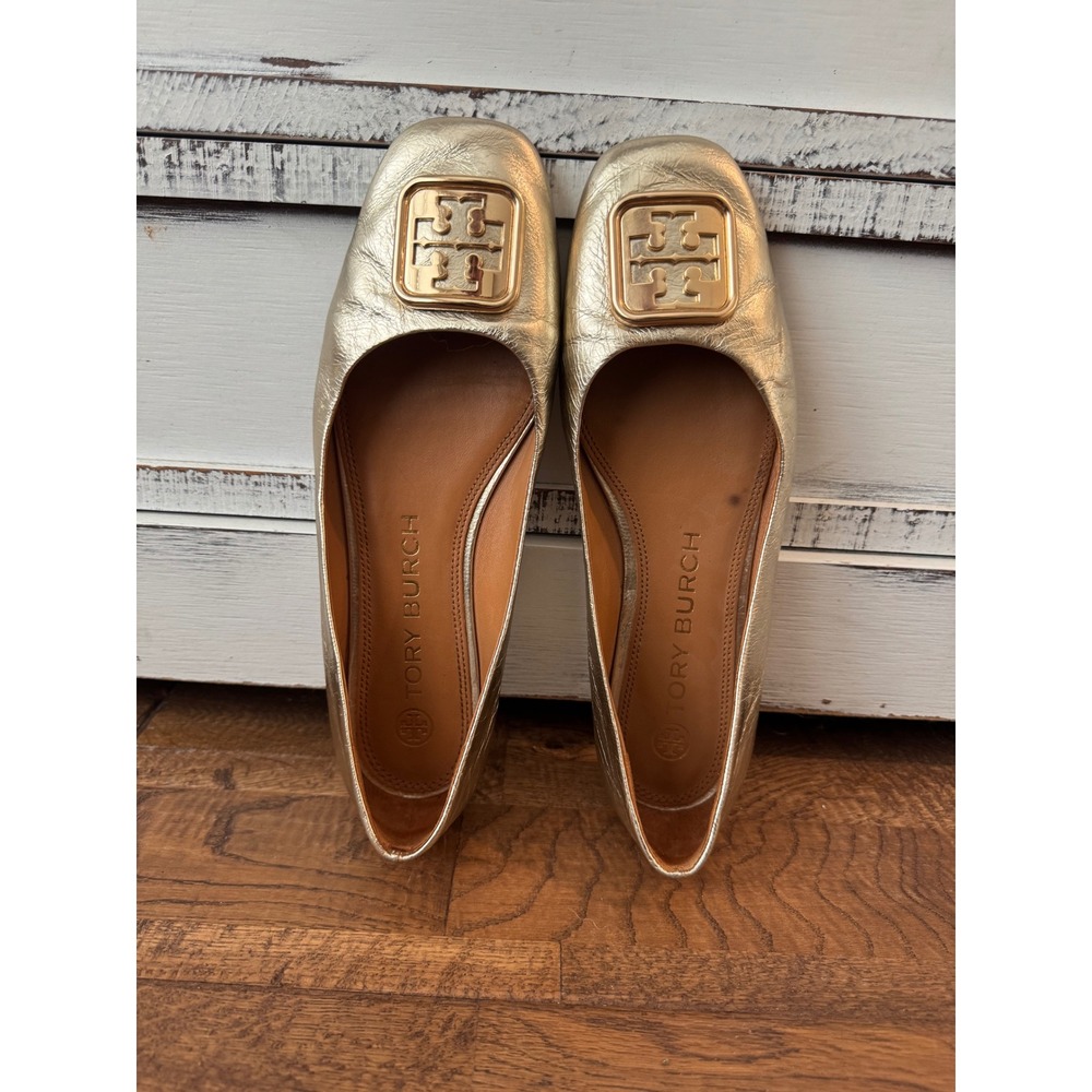 Tory Burch Georgia Metallic Spark Gold Leather Ballet Flats Size 8.5